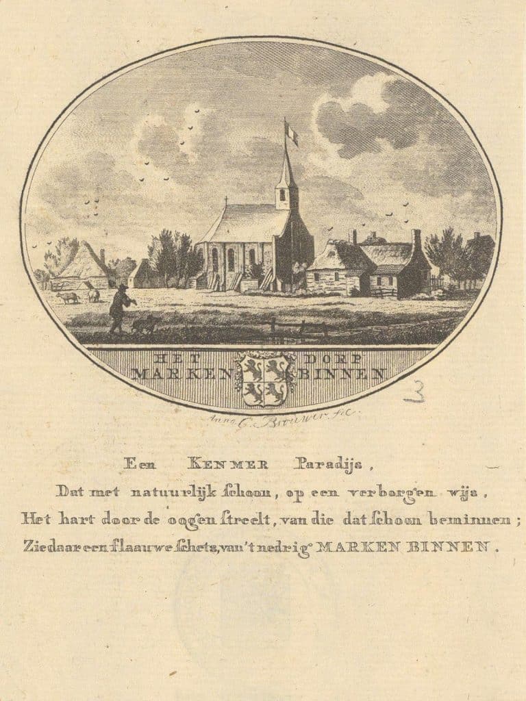 Je ziet in een ovaal het kerkje met wat boerderijen er omheen. Tekst: Het dorp Marken Binnen. Een Kenmer paradijs, Dat met natuurlijk schoon, op een verborgen wijs, Het hart door de oogen streelt, van die dat schoon beminnen; Zie daar een flaauwe schets, van 't nedrig Marken Binnen.
