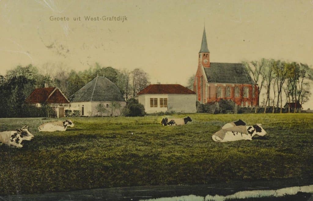 Op de voorgrond een weiland met liggende koeien. Daarachter drie huizen en de Dorpskerk.