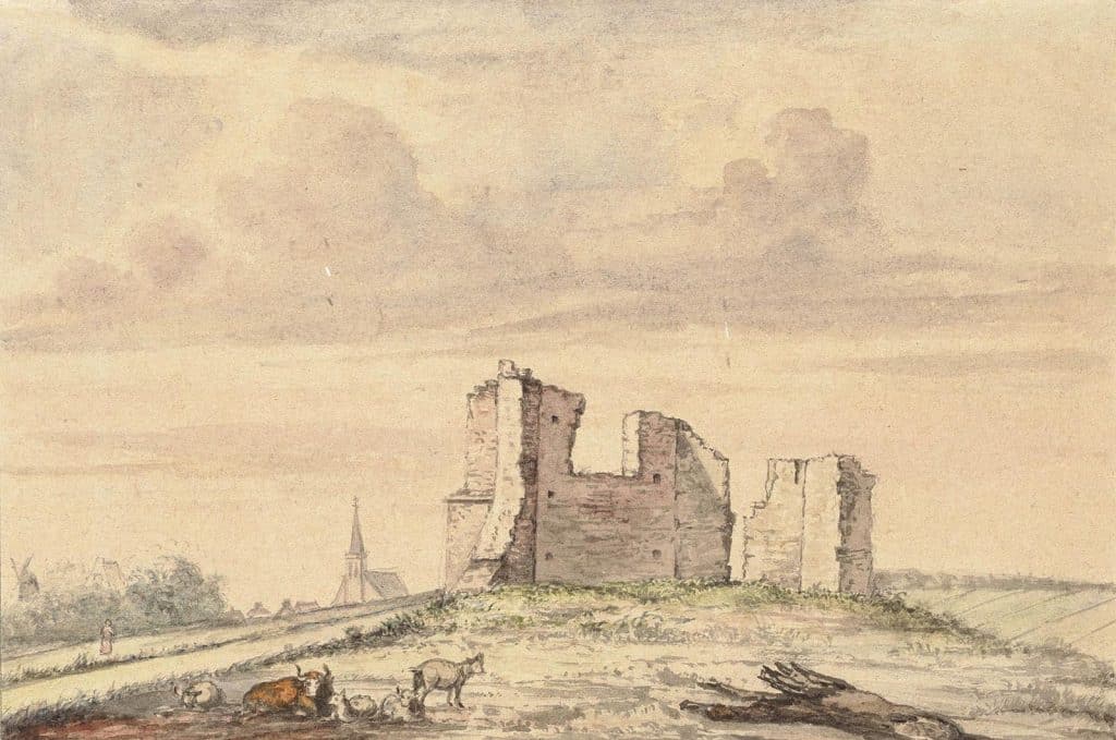 Met op de achtergrond links een kerk, een molen en wat huizen. Op de voorgrond wat vee en een boomstronk.